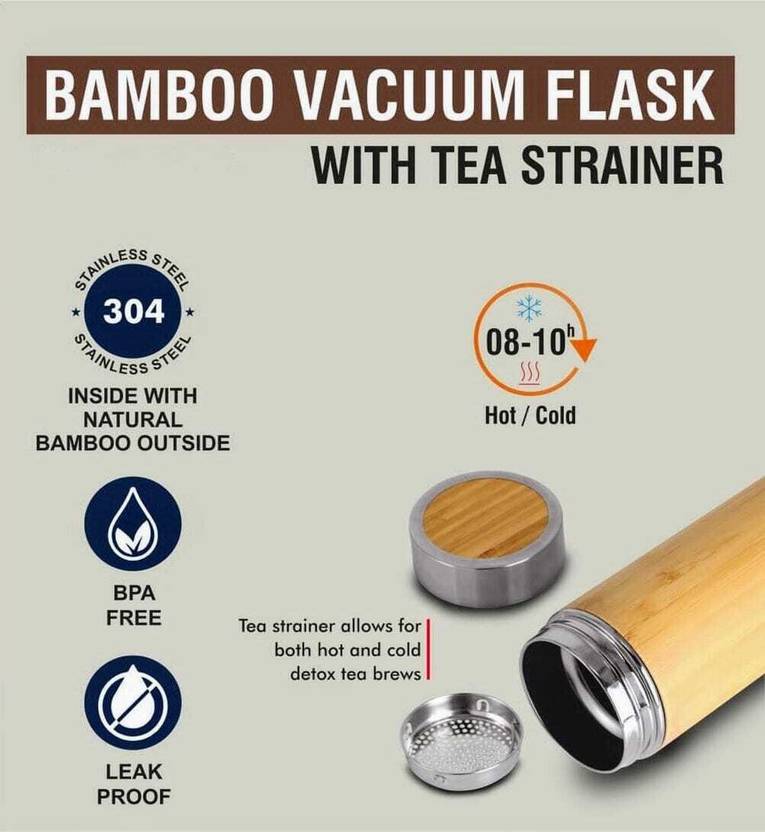 Bamboo Stainless Steel Bottle | Vaccum Insulated | Double Wall Hot & Cold | 500ml - use PICKDBEST10 (10% off)