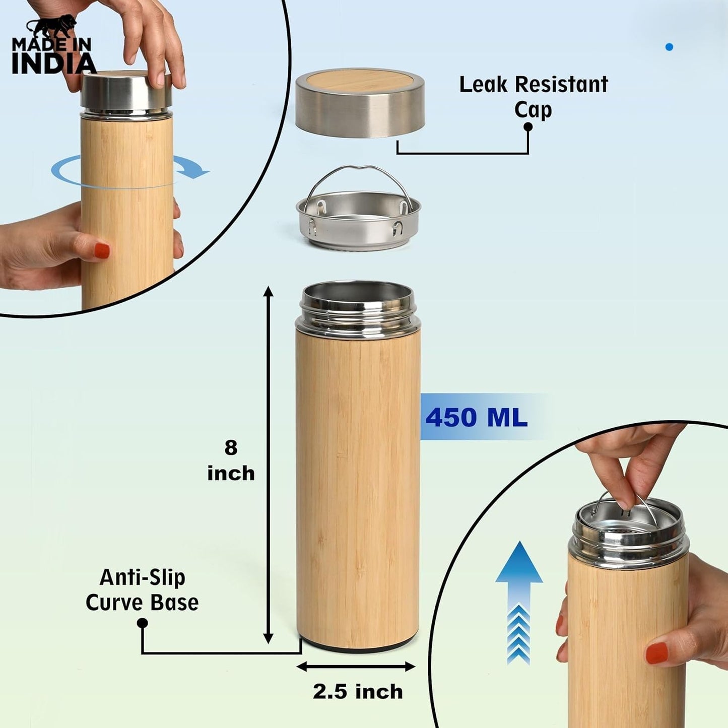 Bamboo Stainless Steel Bottle | Vaccum Insulated | Double Wall Hot & Cold | 500ml - use PICKDBEST10 (10% off)