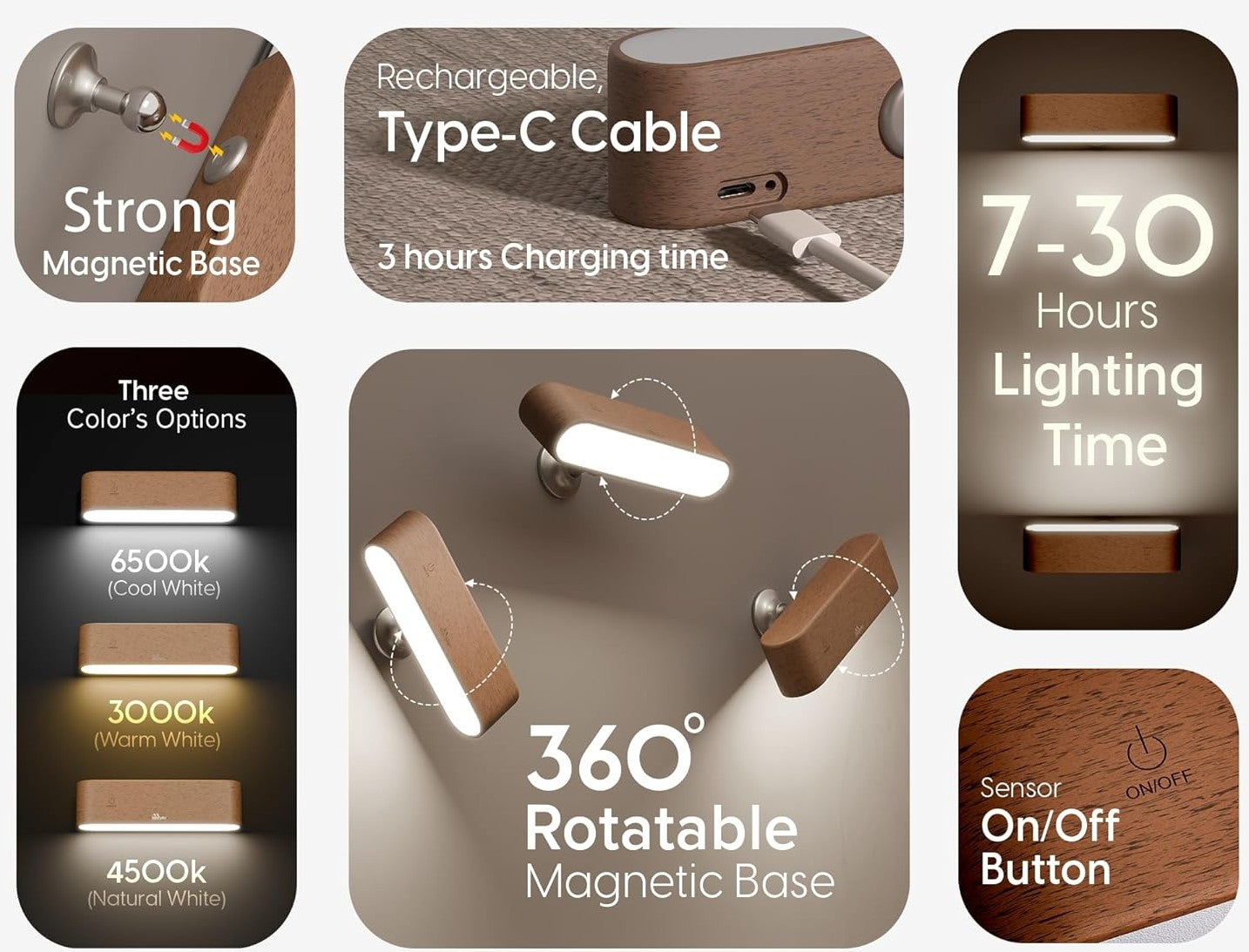 Rechargeable 360° Rotating Solid Wood Magnetic Night Light - use PICKDBEST10 (10% off)